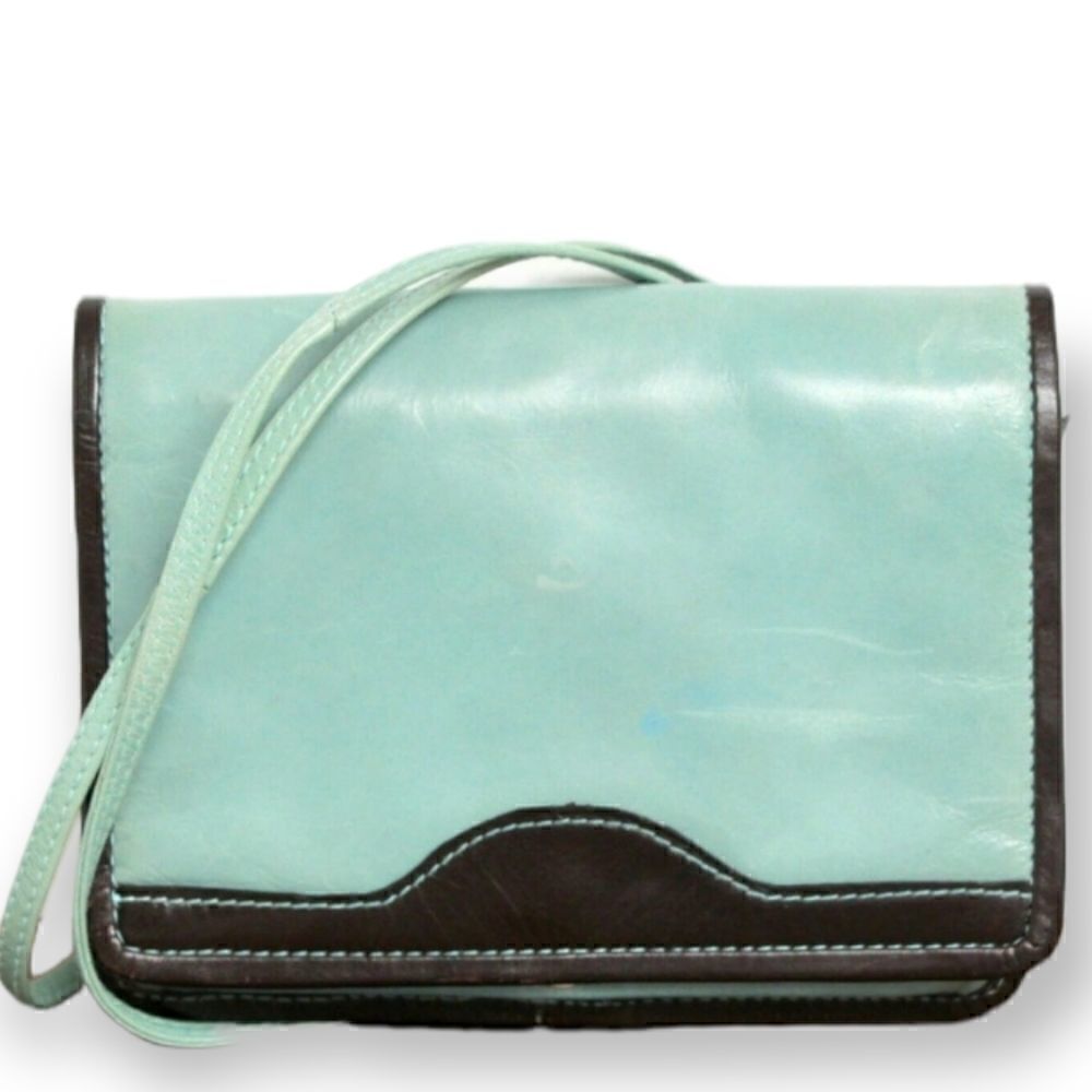 HANDMADE SMOOTH PALE BLUE BROWN TRIM REAL LEATHER X-BODY MESSENGER SHOULDER BAG